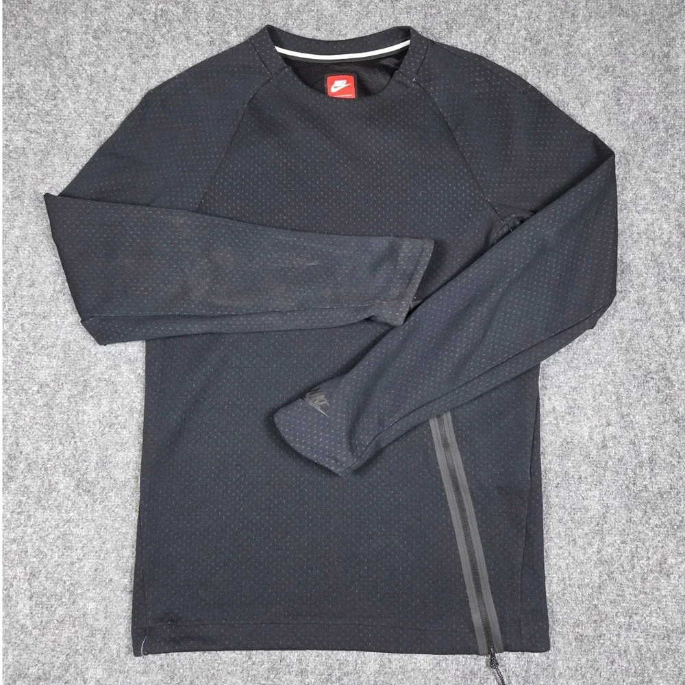 Nike Tech Pack Crew Neck Top Mens Small Black Long Sleeve Side Zip Textured